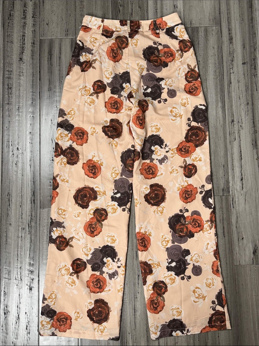BAILEY ROSE FLORAL HIGH RISE WIDE LEG TROUSER PANTS CREAM BROWN ROSES SIZE MED - Picture 6 of 11